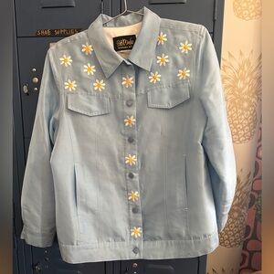 Bob Mackie Wearable Art Blue Embroidered Daisy Silk Casual Jacket Size Med?